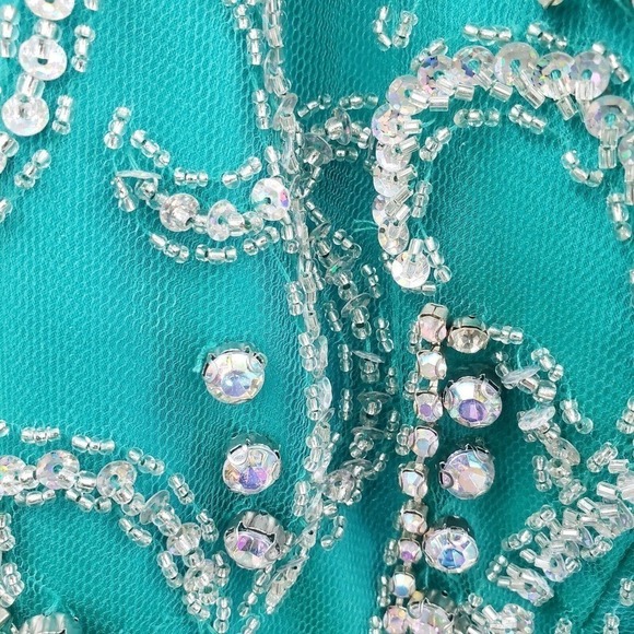 Rachel Allan 22w Prom Dress Teal Beaded Sequin Cap Sleeve Mesh Layered Maxi Long - Picture 15 of 16